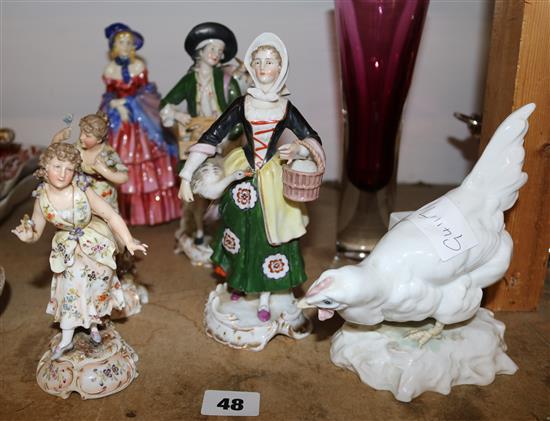 2 pairs of figurines, Doulton figure, chicken and vase